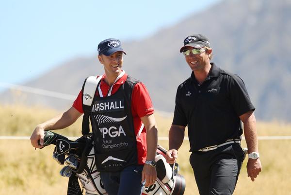 Justin Marshall with caddy Brendan Jones at The Hills earlier this year.